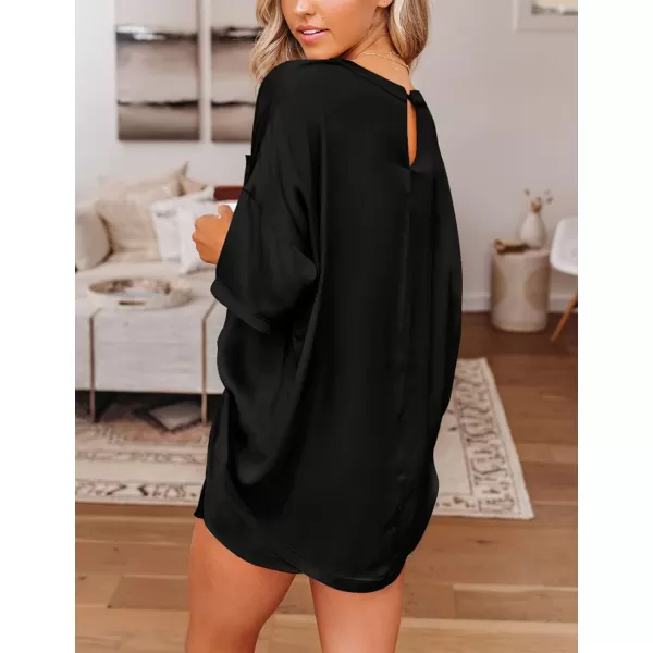 SWOMOG Womens Silk Satin Pajama Set TwoPiece Short Sleeve Tshirt With Shorts Pj Sets Silky Casual Loungewear SleepwearBlack