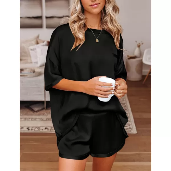 SWOMOG Womens Silk Satin Pajama Set TwoPiece Short Sleeve Tshirt With Shorts Pj Sets Silky Casual Loungewear SleepwearBlack