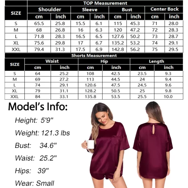 SWOMOG Womens Silk Satin Pajama Set TwoPiece Short Sleeve Tshirt With Shorts Pj Sets Silky Casual Loungewear SleepwearDeep Wine Red