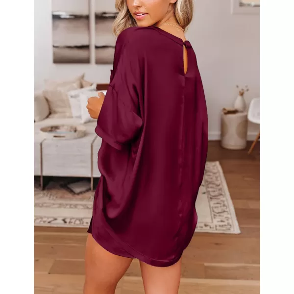 SWOMOG Womens Silk Satin Pajama Set TwoPiece Short Sleeve Tshirt With Shorts Pj Sets Silky Casual Loungewear SleepwearDeep Wine Red