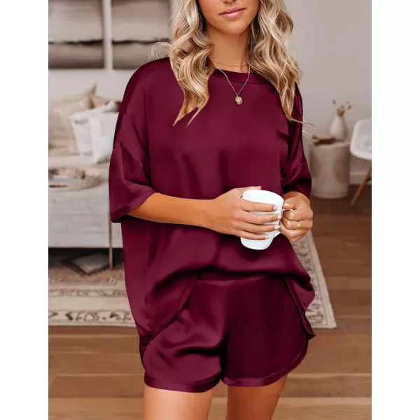 SWOMOG Womens Silk Satin Pajama Set TwoPiece Short Sleeve Tshirt With Shorts Pj Sets Silky Casual Loungewear SleepwearDeep Wine Red