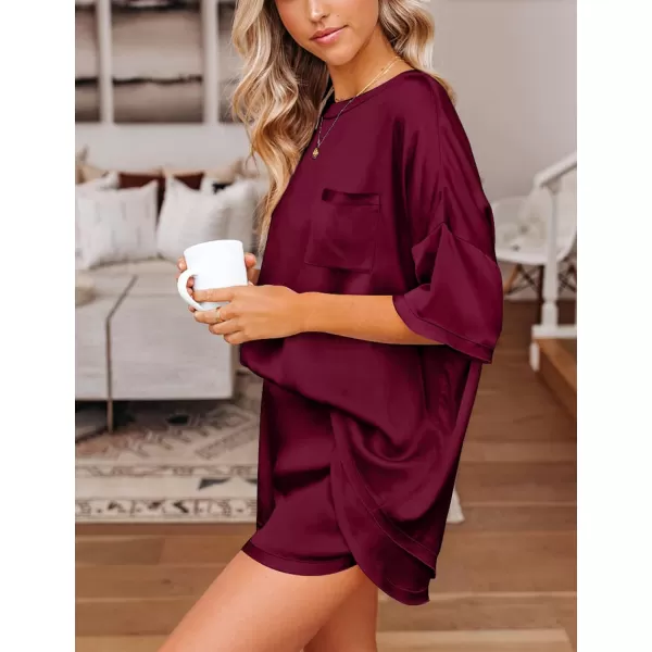 SWOMOG Womens Silk Satin Pajama Set TwoPiece Short Sleeve Tshirt With Shorts Pj Sets Silky Casual Loungewear SleepwearDeep Wine Red