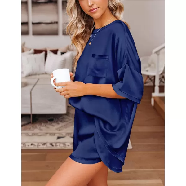 SWOMOG Womens Silk Satin Pajama Set TwoPiece Short Sleeve Tshirt With Shorts Pj Sets Silky Casual Loungewear SleepwearNavy Blue