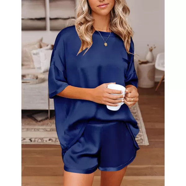 SWOMOG Womens Silk Satin Pajama Set TwoPiece Short Sleeve Tshirt With Shorts Pj Sets Silky Casual Loungewear SleepwearNavy Blue