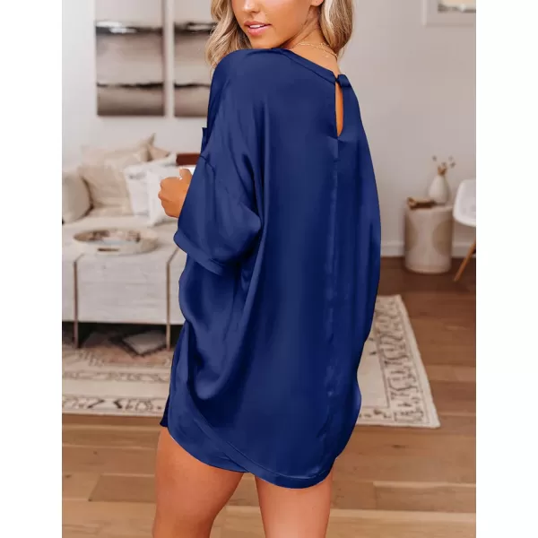 SWOMOG Womens Silk Satin Pajama Set TwoPiece Short Sleeve Tshirt With Shorts Pj Sets Silky Casual Loungewear SleepwearNavy Blue