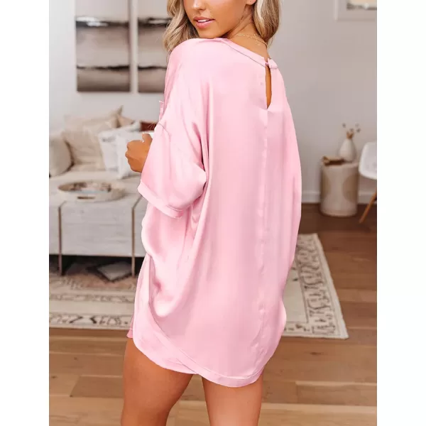 SWOMOG Womens Silk Satin Pajama Set TwoPiece Short Sleeve Tshirt With Shorts Pj Sets Silky Casual Loungewear SleepwearPink