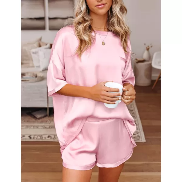 SWOMOG Womens Silk Satin Pajama Set TwoPiece Short Sleeve Tshirt With Shorts Pj Sets Silky Casual Loungewear SleepwearPink