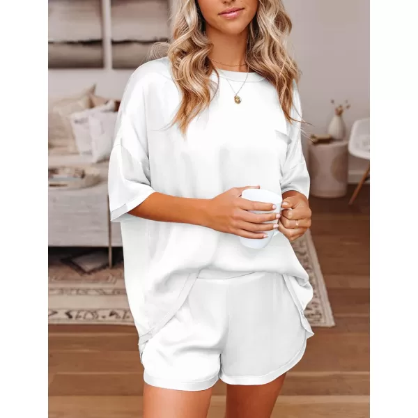 SWOMOG Womens Silk Satin Pajama Set TwoPiece Short Sleeve Tshirt With Shorts Pj Sets Silky Casual Loungewear SleepwearWhite