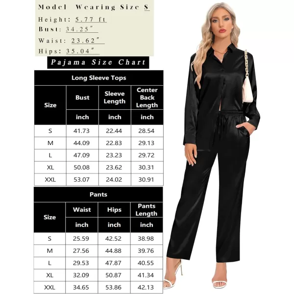 SWOMOG Womens Silk Satin Pajamas Long Sleeve Button Down Tops Satin Pants with Pockets Loungewear 2 Pieces OutfitBlack