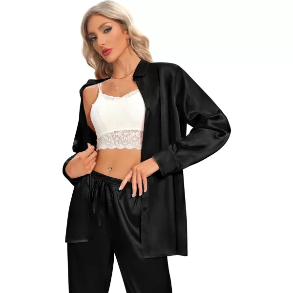 SWOMOG Womens Silk Satin Pajamas Long Sleeve Button Down Tops Satin Pants with Pockets Loungewear 2 Pieces OutfitBlack