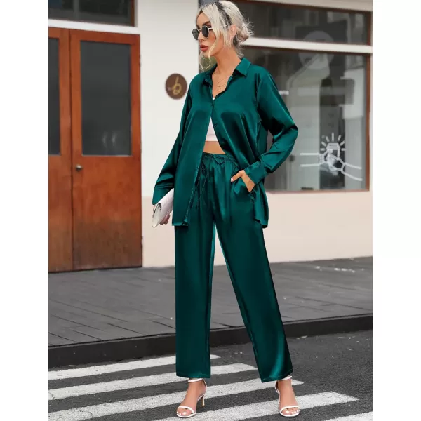 SWOMOG Womens Silk Satin Pajamas Long Sleeve Button Down Tops Satin Pants with Pockets Loungewear 2 Pieces OutfitDark Green