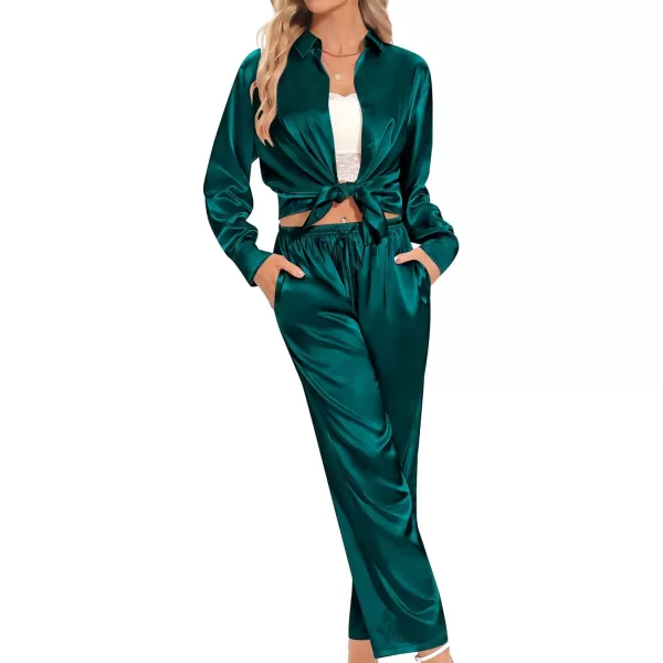 SWOMOG Womens Silk Satin Pajamas Long Sleeve Button Down Tops Satin Pants with Pockets Loungewear 2 Pieces OutfitDark Green