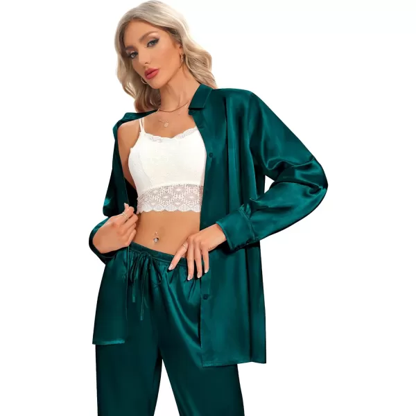 SWOMOG Womens Silk Satin Pajamas Long Sleeve Button Down Tops Satin Pants with Pockets Loungewear 2 Pieces OutfitDark Green