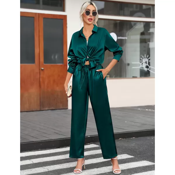 SWOMOG Womens Silk Satin Pajamas Long Sleeve Button Down Tops Satin Pants with Pockets Loungewear 2 Pieces OutfitDark Green