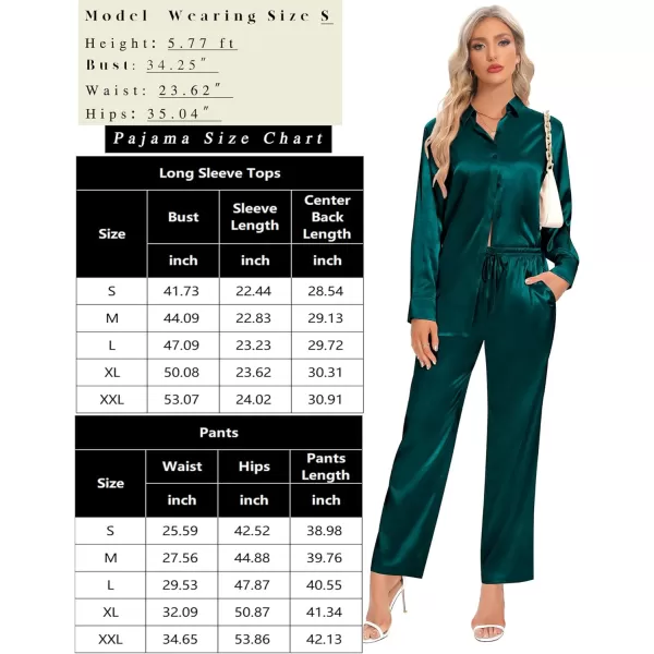 SWOMOG Womens Silk Satin Pajamas Long Sleeve Button Down Tops Satin Pants with Pockets Loungewear 2 Pieces OutfitDark Green