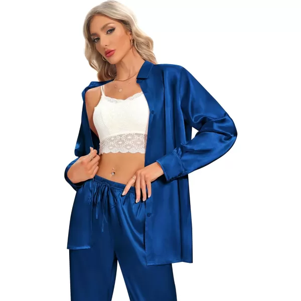 SWOMOG Womens Silk Satin Pajamas Long Sleeve Button Down Tops Satin Pants with Pockets Loungewear 2 Pieces OutfitNavy Blue