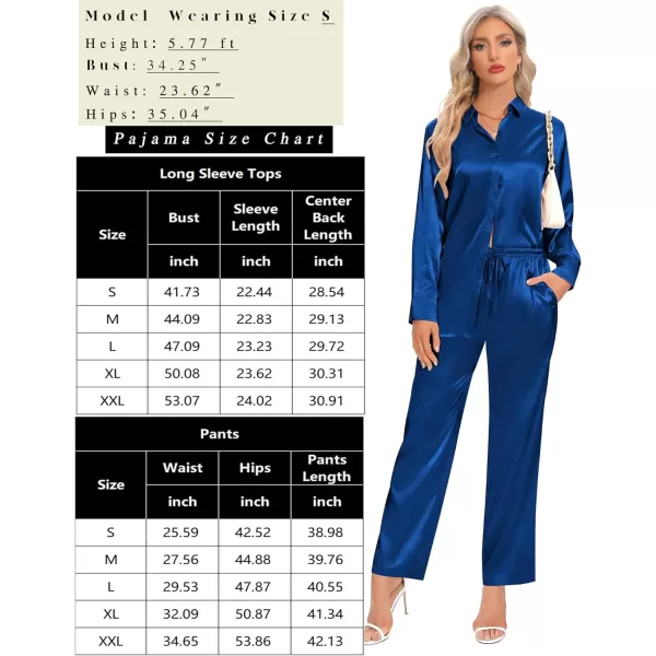 SWOMOG Womens Silk Satin Pajamas Long Sleeve Button Down Tops Satin Pants with Pockets Loungewear 2 Pieces OutfitNavy Blue