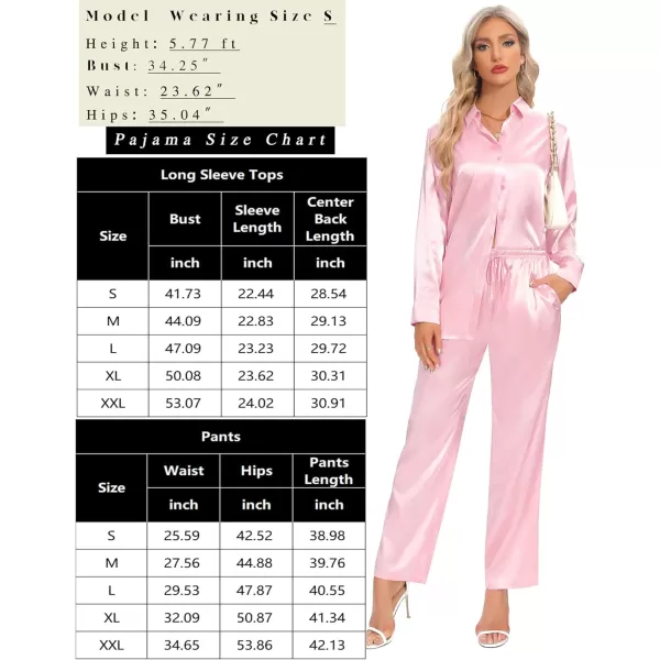 SWOMOG Womens Silk Satin Pajamas Long Sleeve Button Down Tops Satin Pants with Pockets Loungewear 2 Pieces OutfitPink