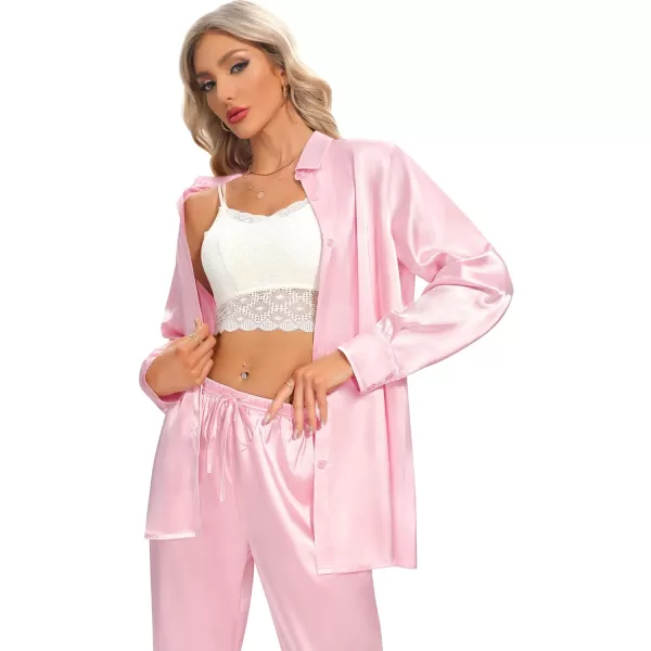 SWOMOG Womens Silk Satin Pajamas Long Sleeve Button Down Tops Satin Pants with Pockets Loungewear 2 Pieces OutfitPink