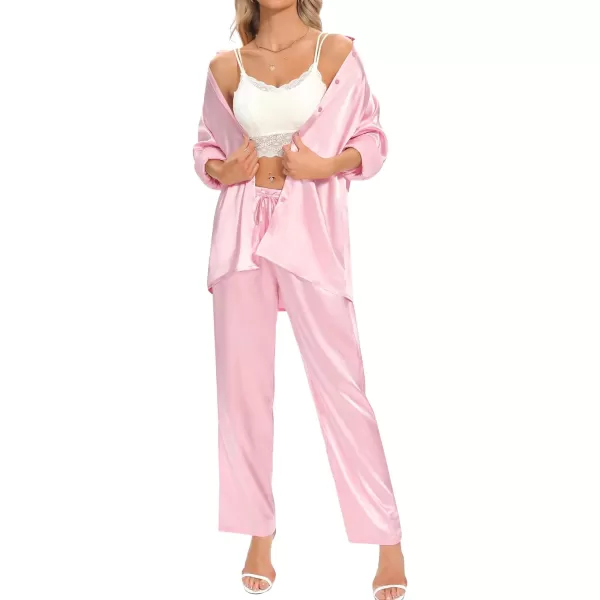 SWOMOG Womens Silk Satin Pajamas Long Sleeve Button Down Tops Satin Pants with Pockets Loungewear 2 Pieces OutfitPink