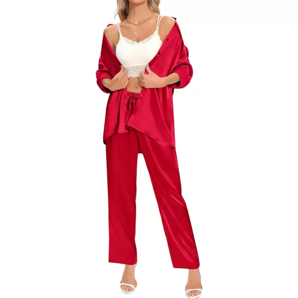 SWOMOG Womens Silk Satin Pajamas Long Sleeve Button Down Tops Satin Pants with Pockets Loungewear 2 Pieces OutfitRed