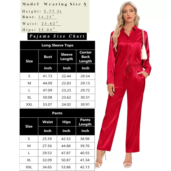 SWOMOG Womens Silk Satin Pajamas Long Sleeve Button Down Tops Satin Pants with Pockets Loungewear 2 Pieces OutfitRed