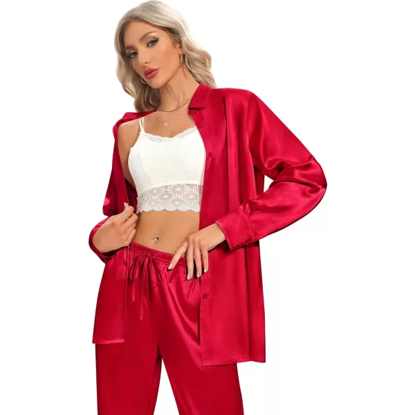 SWOMOG Womens Silk Satin Pajamas Long Sleeve Button Down Tops Satin Pants with Pockets Loungewear 2 Pieces OutfitRed