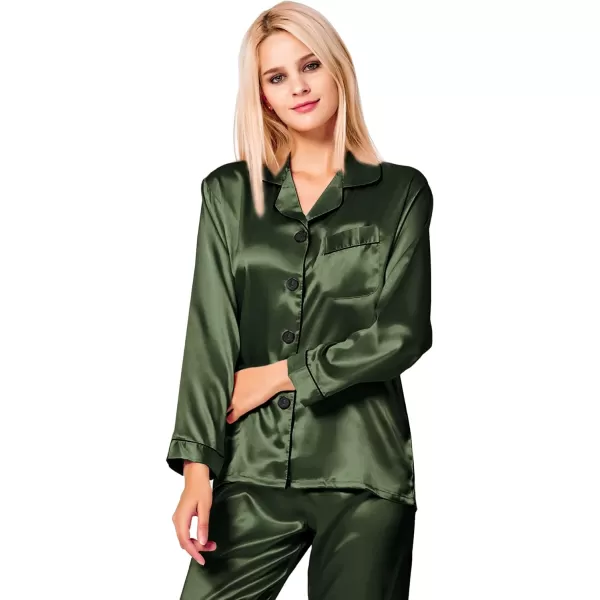 SWOMOG Womens Silk Satin Pajamas Loungewear Twopiece Sleepwear ButtonDown Pj SetArmy Green