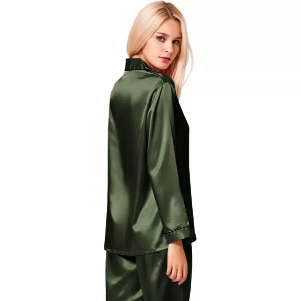 SWOMOG Womens Silk Satin Pajamas Loungewear Twopiece Sleepwear ButtonDown Pj SetArmy Green