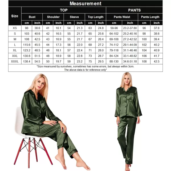 SWOMOG Womens Silk Satin Pajamas Loungewear Twopiece Sleepwear ButtonDown Pj SetArmy Green