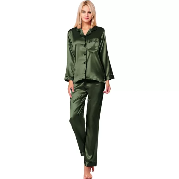 SWOMOG Womens Silk Satin Pajamas Loungewear Twopiece Sleepwear ButtonDown Pj SetArmy Green