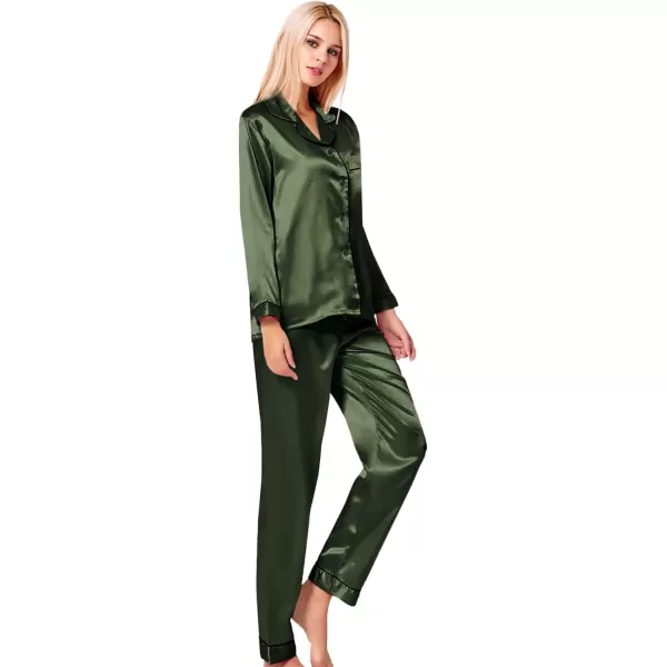 SWOMOG Womens Silk Satin Pajamas Loungewear Twopiece Sleepwear ButtonDown Pj SetArmy Green