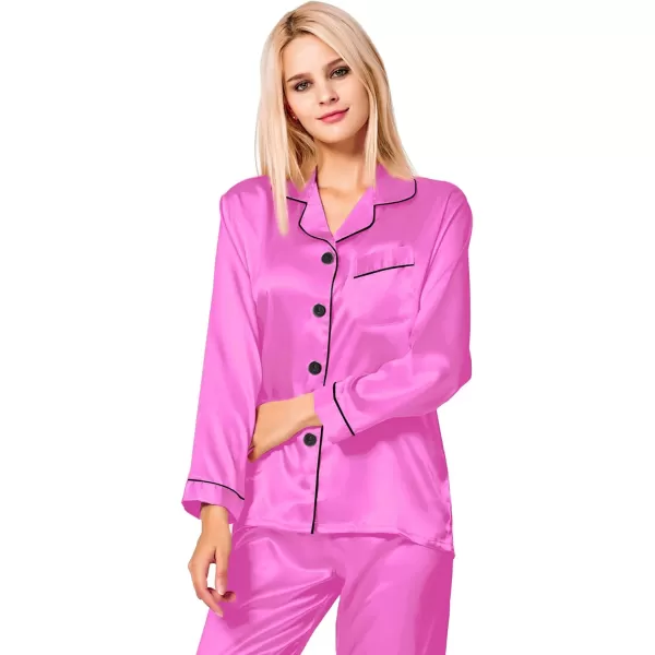 SWOMOG Womens Silk Satin Pajamas Loungewear Twopiece Sleepwear ButtonDown Pj SetBarbiecore