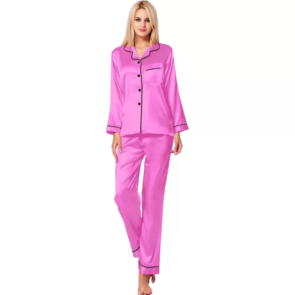 SWOMOG Womens Silk Satin Pajamas Loungewear Twopiece Sleepwear ButtonDown Pj SetBarbiecore