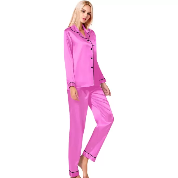 SWOMOG Womens Silk Satin Pajamas Loungewear Twopiece Sleepwear ButtonDown Pj SetBarbiecore