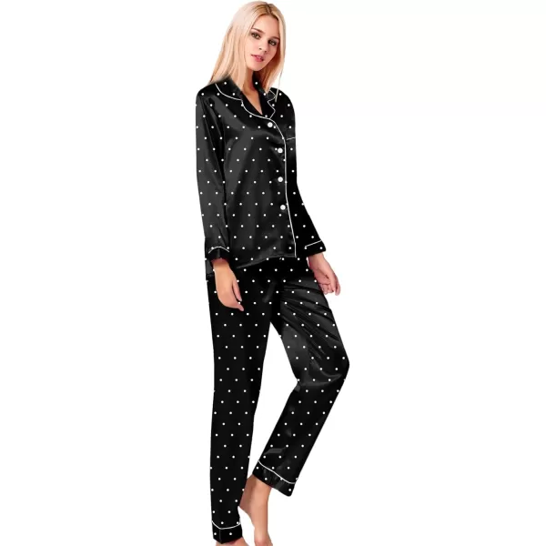 SWOMOG Womens Silk Satin Pajamas Loungewear Twopiece Sleepwear ButtonDown Pj SetBlack Dots