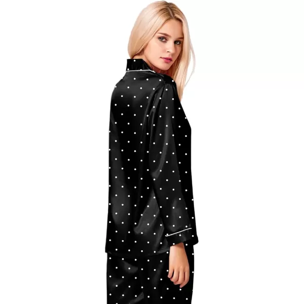 SWOMOG Womens Silk Satin Pajamas Loungewear Twopiece Sleepwear ButtonDown Pj SetBlack Dots