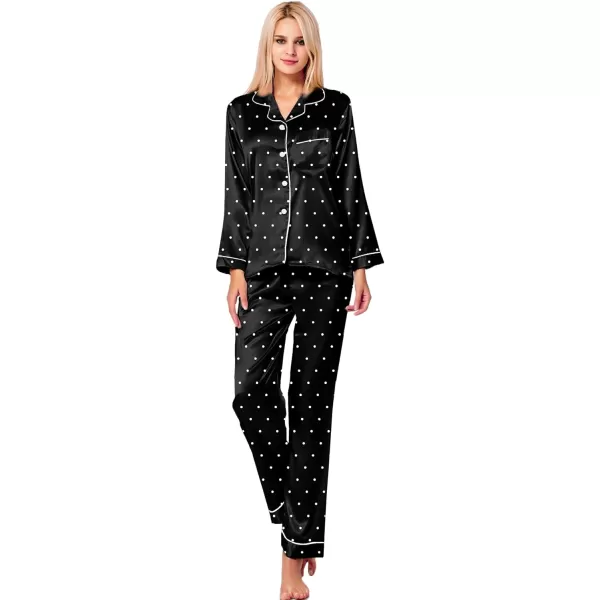 SWOMOG Womens Silk Satin Pajamas Loungewear Twopiece Sleepwear ButtonDown Pj SetBlack Dots