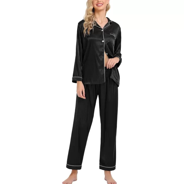 SWOMOG Womens Silk Satin Pajamas Loungewear Twopiece Sleepwear ButtonDown Pj SetBlack Pinstripes