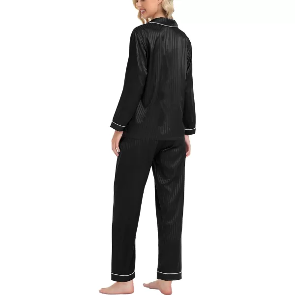 SWOMOG Womens Silk Satin Pajamas Loungewear Twopiece Sleepwear ButtonDown Pj SetBlack Pinstripes