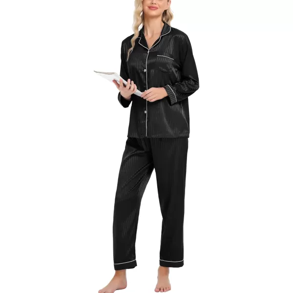 SWOMOG Womens Silk Satin Pajamas Loungewear Twopiece Sleepwear ButtonDown Pj SetBlack Pinstripes