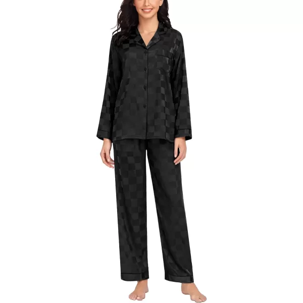 SWOMOG Womens Silk Satin Pajamas Loungewear Twopiece Sleepwear ButtonDown Pj SetBlack Plaid