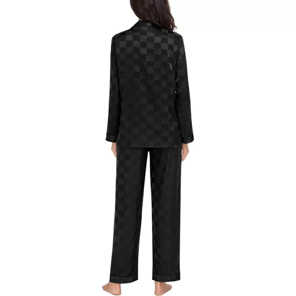 SWOMOG Womens Silk Satin Pajamas Loungewear Twopiece Sleepwear ButtonDown Pj SetBlack Plaid