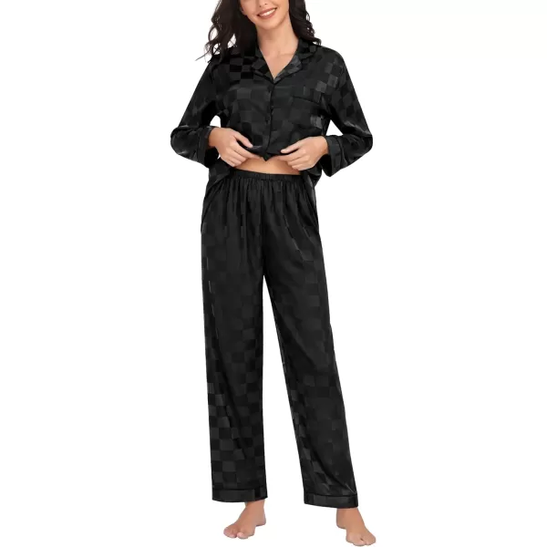 SWOMOG Womens Silk Satin Pajamas Loungewear Twopiece Sleepwear ButtonDown Pj SetBlack Plaid