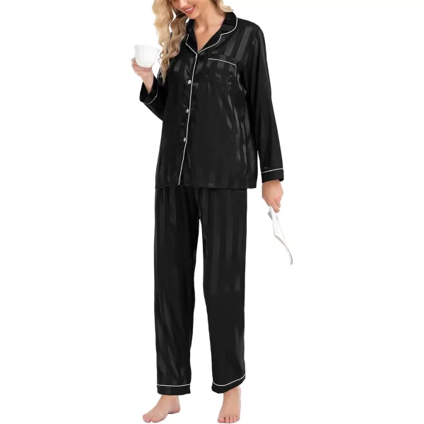 SWOMOG Womens Silk Satin Pajamas Loungewear Twopiece Sleepwear ButtonDown Pj SetBlack Wide Stripes