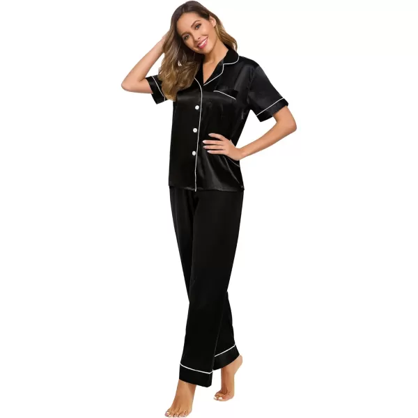 SWOMOG Womens Silk Satin Pajamas Loungewear Twopiece Sleepwear ButtonDown Pj SetBlack16