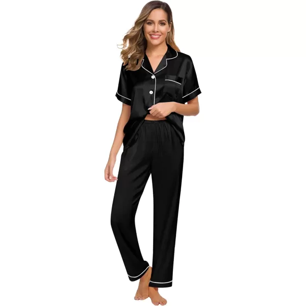 SWOMOG Womens Silk Satin Pajamas Loungewear Twopiece Sleepwear ButtonDown Pj SetBlack16