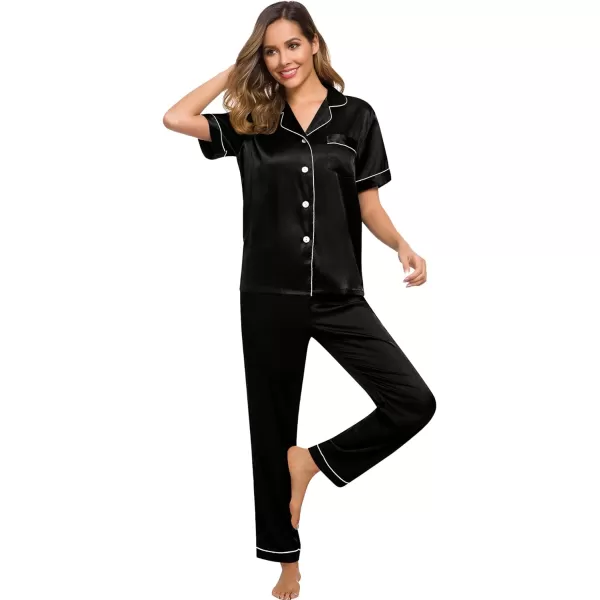 SWOMOG Womens Silk Satin Pajamas Loungewear Twopiece Sleepwear ButtonDown Pj SetBlack16