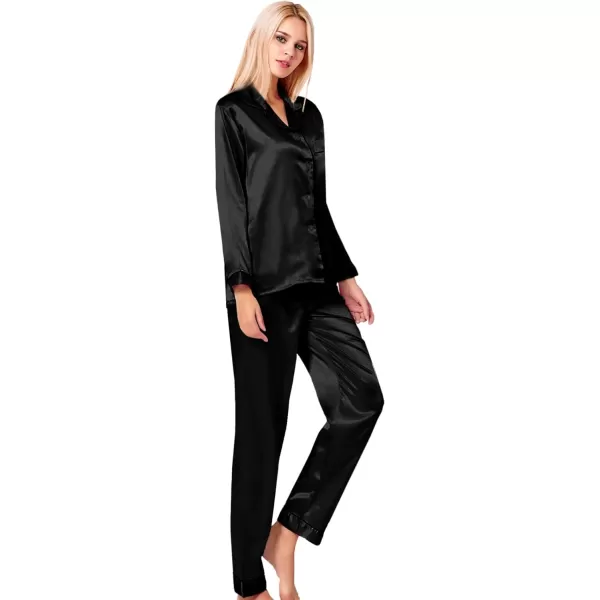 SWOMOG Womens Silk Satin Pajamas Loungewear Twopiece Sleepwear ButtonDown Pj SetBlacka