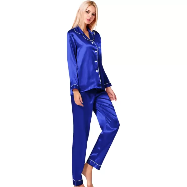 SWOMOG Womens Silk Satin Pajamas Loungewear Twopiece Sleepwear ButtonDown Pj SetBlue